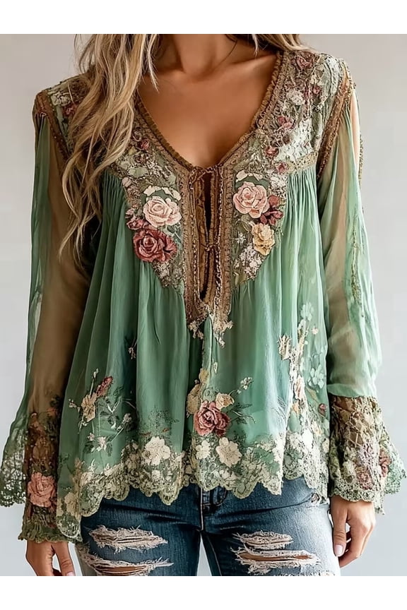 Women's Boho Sheer Lace Embroidered Blouse Vintage Floral Long Sleeve Flared Cuffs V Neck Casual Dressy Tops