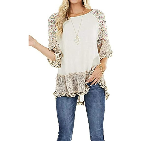 Women's Boho Shirts Ruffle 3/4 Sleeve Crew Neck Blouse Leopard Floral Print Patchwork Tunic Tops Plus Size Summer Hippie Clothing