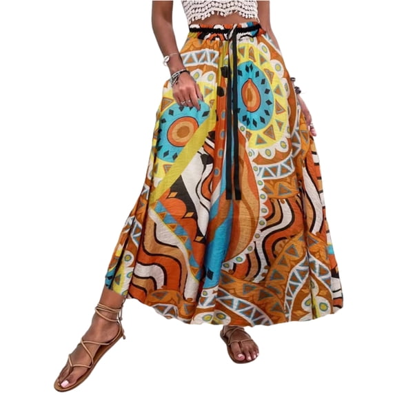 Women's Boho Skirt Waisted Drawstring Pleated A Line Skirts Flowy Vacation Beach Long Skirts