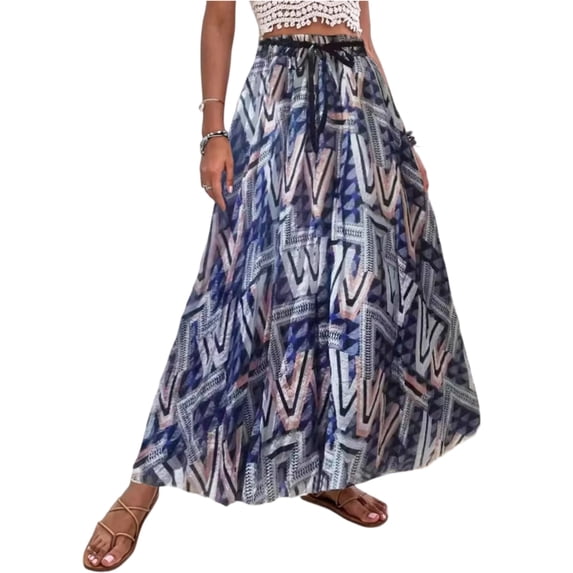 Women's Boho Skirt Waisted Drawstring Pleated A Line Skirts Flowy Vacation Beach Long Skirts