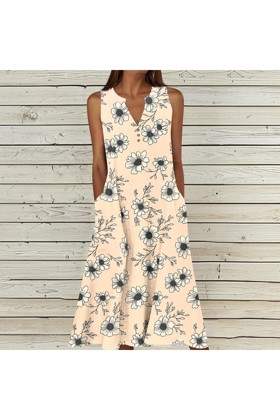 Women's Boho Sleeveless Midi A-Line Dress V Neck Tropical Palm Leaf Print Summer Sun Dress with Pockets Casual Flowy Swing Dress For Beach Cruise Vacation