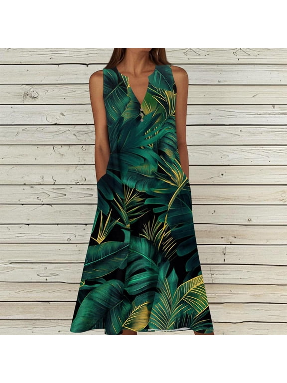 Women's Boho Sleeveless Midi A-Line Dress V Neck Tropical Palm Leaf Print Summer Sun Dress with Pockets Casual Flowy Swing Dress For Beach Cruise Vacation