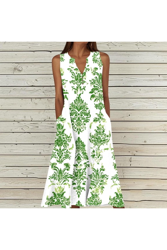 Women's Boho Sleeveless Midi A-Line Dress V Neck Tropical Palm Leaf Print Summer Sun Dress with Pockets Casual Flowy Swing Dress For Beach Cruise Vacation