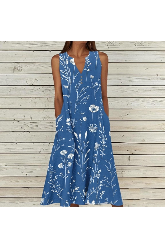 Women's Boho Sleeveless Midi A-Line Dress V Neck Tropical Palm Leaf Print Summer Sun Dress with Pockets Casual Flowy Swing Dress For Beach Cruise Vacation