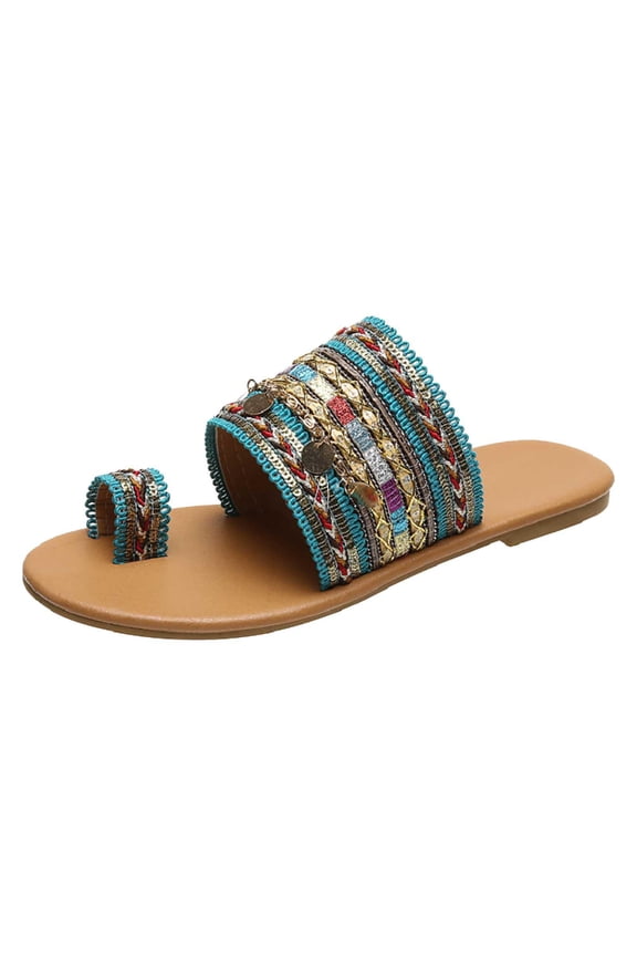Women's Boho Slide Flat Sandals Dresssy - Casual Toe Ring Slide Sandal -Cute Slip On Flip Flop Thong Sandals - Spring Summer Shoes