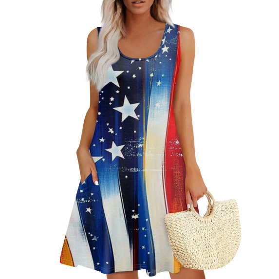 Women's Boho Square Neck Dress, Sleeveless Flowy Summer Sundress with Independence Day Design, Ideal for Festivals and Travel,Blue L