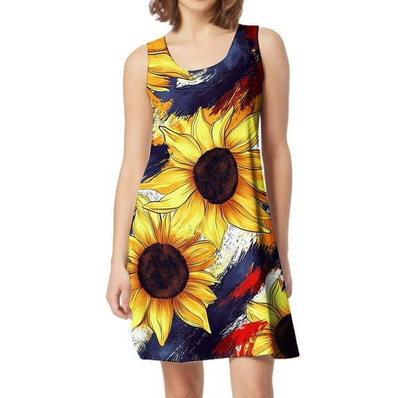 Women's Boho Square Neck Dress, Sleeveless Flowy Summer Sundress with Independence Day Design, Ideal for Festivals and Travel,Dark Blue S