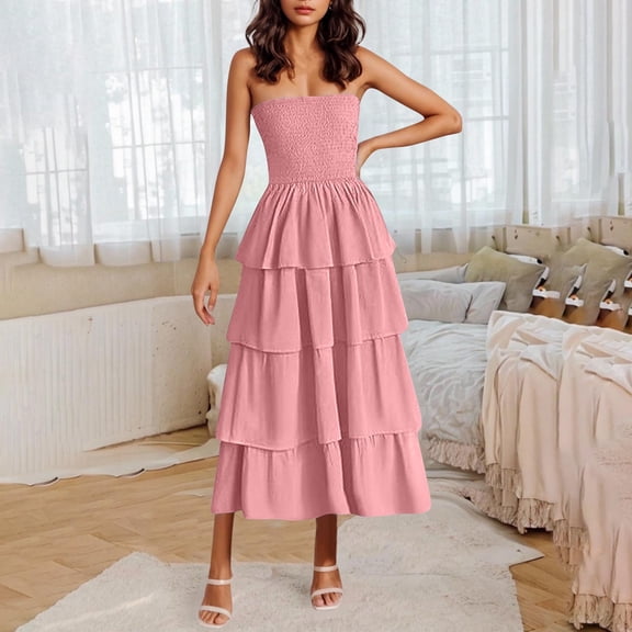 Women's Boho Strapless Maxi Dress Comfortable Sleeveless Off Shoulder Smocked Tiered Beach Vacation Wedding Guest Modest Going Out Long Sundress for Summer