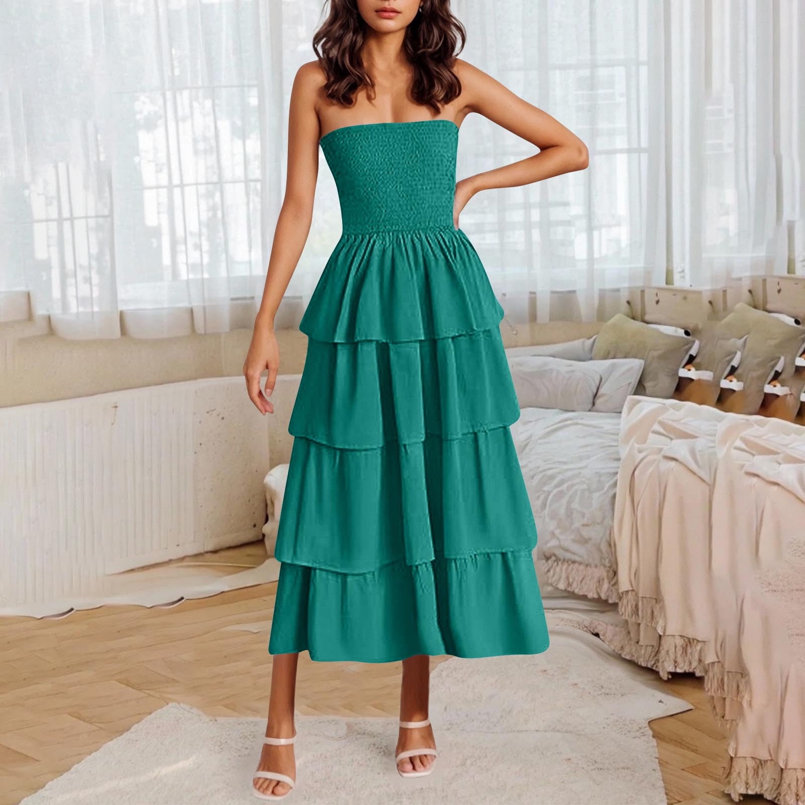strapless dress for beach wedding guest Women's Boho Maxi Comfortable Sleeveless Off Shoulder Smocked Tiered Vacation Modest Going Out Long Sundress Summer beach wedding guest dresses