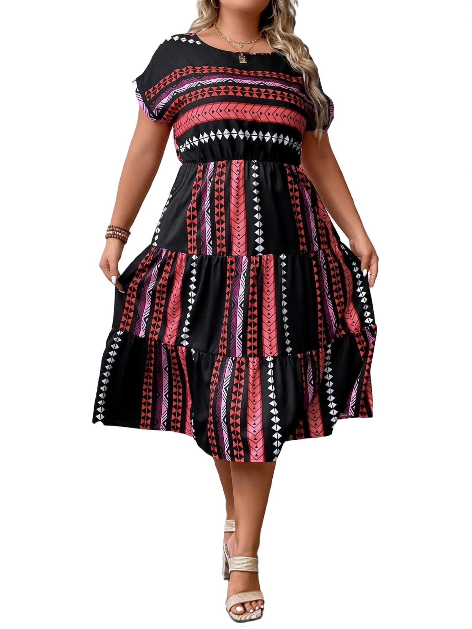 Women s Boho Striped Round Neck Multicolor A Line Short Sleeve