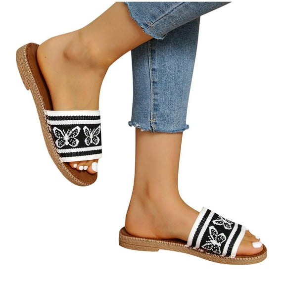 Women's Boho Style Butterfly Embroidered Flat Slippers Slide Sandals Fashion Flat Sandals Beach Slippers