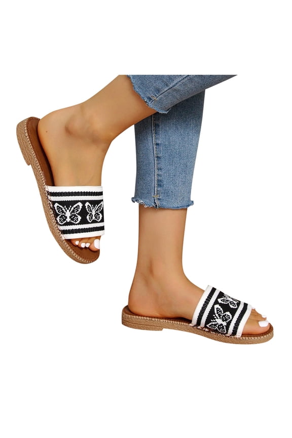 Women's Boho Style Butterfly Embroidered Flat Slippers Slide Sandals Fashion Flat Sandals Beach Slippers