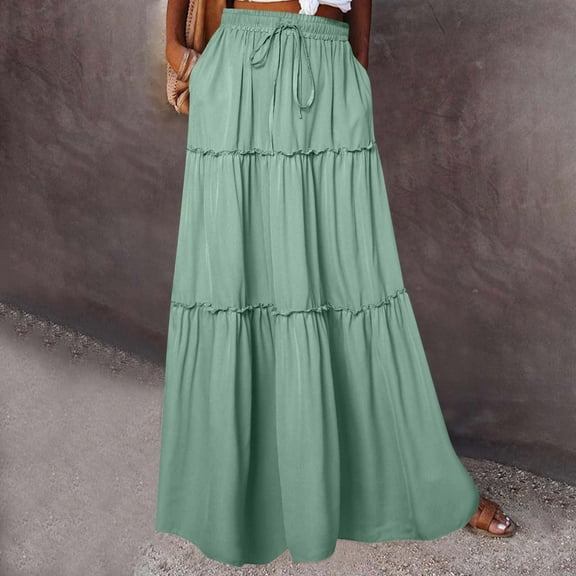 Women's Boho Style Skirts Summer Pleated Skirts Fashion Solid Color Elastic Drawstring Loose Skirt Casual Elastic High Waist Ankle Long Skirt with Pocket