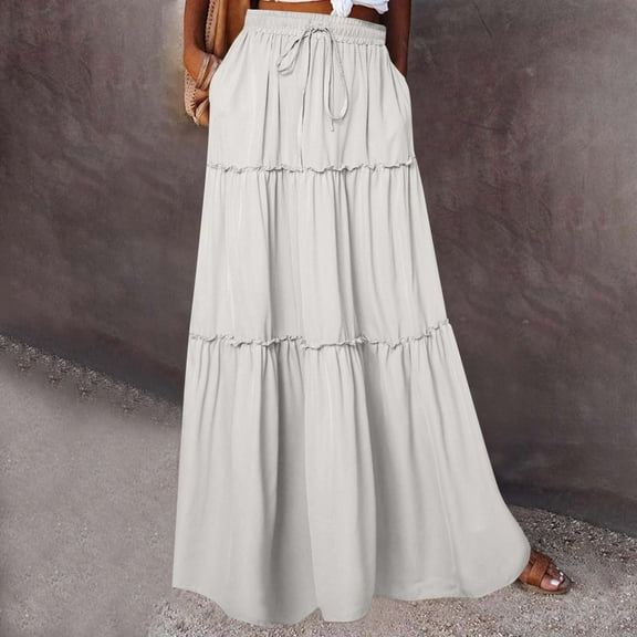 Women's Boho Style Skirts Summer Pleated Skirts Fashion Solid Color Elastic Drawstring Loose Skirt Casual Elastic High Waist Ankle Long Skirt with Pocket