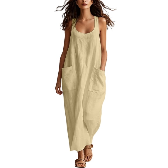 Women's Boho Style Sleeveless Maxi Dress U Neck Loose Shift Dress Beach Vacation Flowy Long Dress Lightweight Summer Sundress Khaki