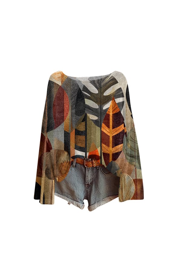 Women's Boho Style Sweater Vintage Graphic Print Crewneck Long Sleeve Pullover (Light Brown, S)