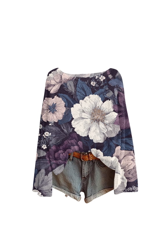 Women's Boho Style Sweater Vintage Graphic Print Long Sleeve Pullover (Purple, 2XL)