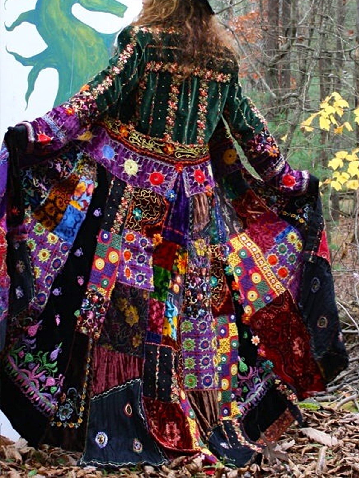 boho colorful dress Women's Style Velvet Patchwork Maxi Long Sleeve Floor Length Dress with Floral Embroidery brim hat