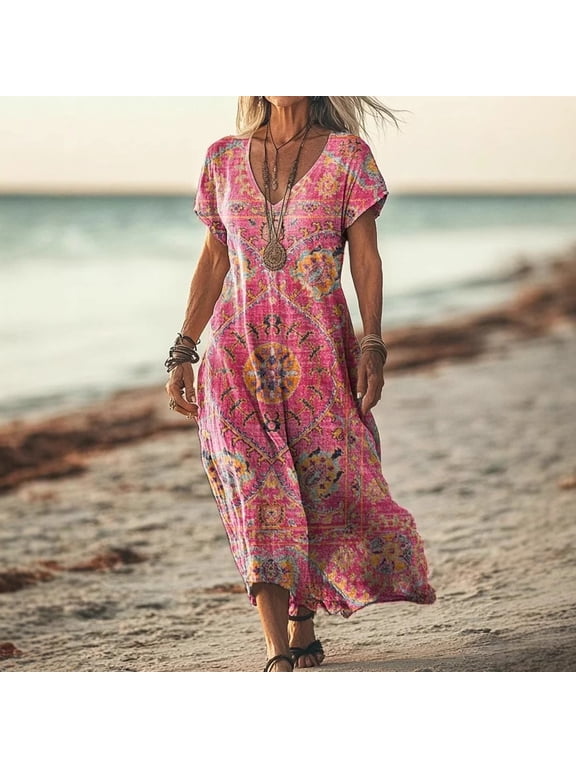 Summer Dresses for Women V-Neck Short Sleeve Tie-Dye Maxi Dress Loose Flowy Lightweight Beach Sundress Hot Pink XL