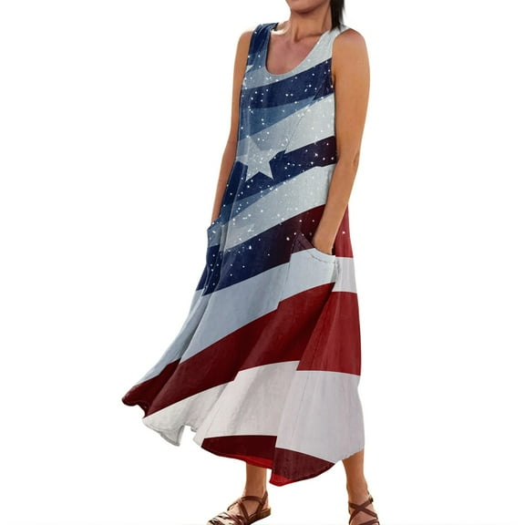 Women's Boho Summer Dress Sleeveless Round Neck Casual Sundress with Independence Day Print, Ruffle Detail and Pocket Design,Dark Blue S