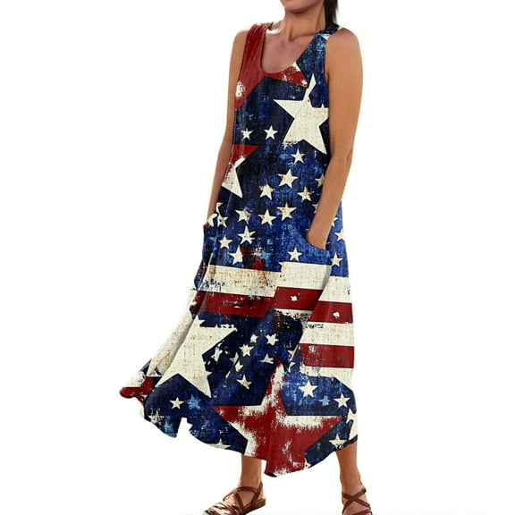 Women's Boho Summer Dress Sleeveless Round Neck Casual Sundress with Independence Day Print, Ruffle Detail and Pocket Design,Multicolor M