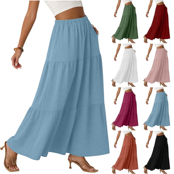 Women's Boho Tiered Maxi Skirt - 2026 Summer Trendy Flowy A-Line Long Skirt with Pockets for Beach Vacation & Casual Wear