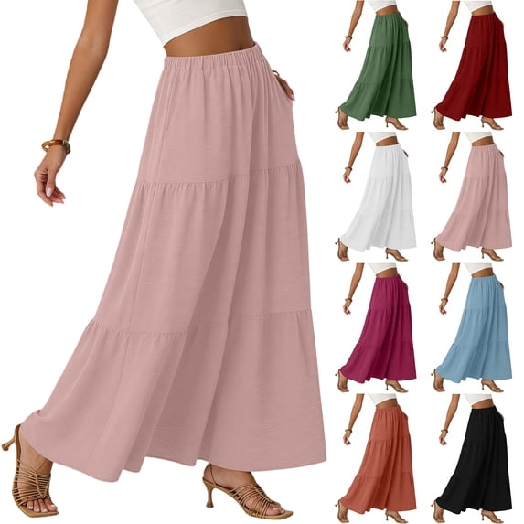 Women's Boho Tiered Maxi Skirt - 2026 Summer Trendy Flowy A-Line Long Skirt with Pockets for Beach Vacation & Casual Wear