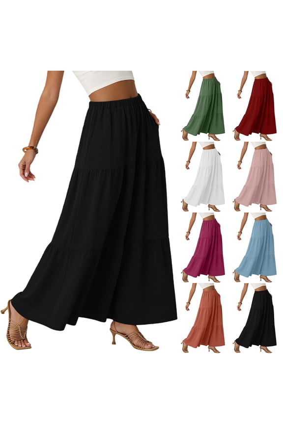 Women's Boho Tiered Maxi Skirt - 2026 Summer Trendy Flowy A-Line Long Skirt with Pockets for Beach Vacation & Casual Wear
