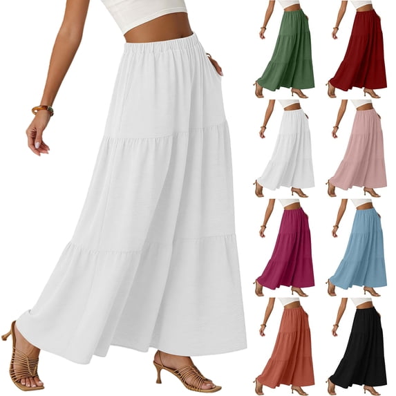 Women's Boho Tiered Maxi Skirt - 2026 Summer Trendy Flowy A-Line Long Skirt with Pockets for Beach Vacation & Casual Wear