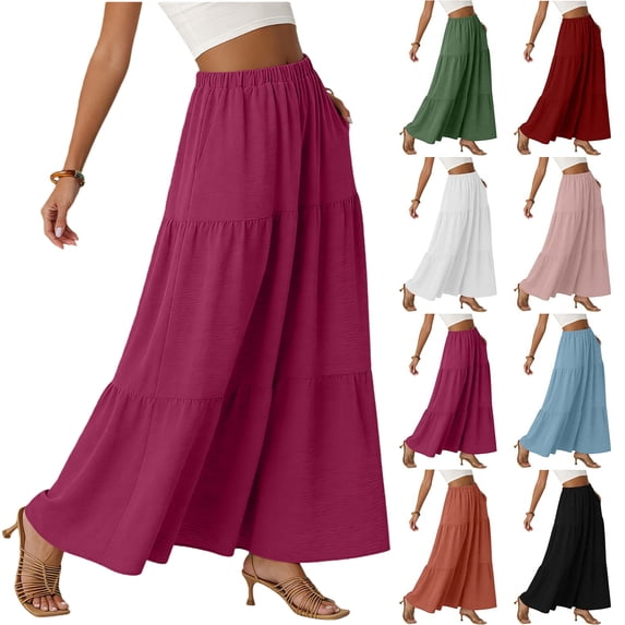 Women's Boho Tiered Maxi Skirt - 2026 Summer Trendy Flowy A-Line Long Skirt with Pockets for Beach Vacation & Casual Wear