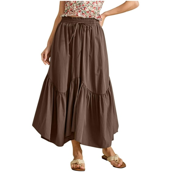 Women's Boho Tiered Maxi Skirt – Adjustable Elastic Waist Pleated A-Line Long Beach Skirt with Ruffle Flowy Layers, Summer 2025 Fashion