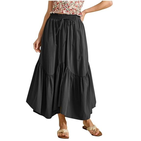 Women's Boho Tiered Maxi Skirt – Adjustable Elastic Waist Pleated A-Line Long Beach Skirt with Ruffle Flowy Layers, Summer 2025 Fashion