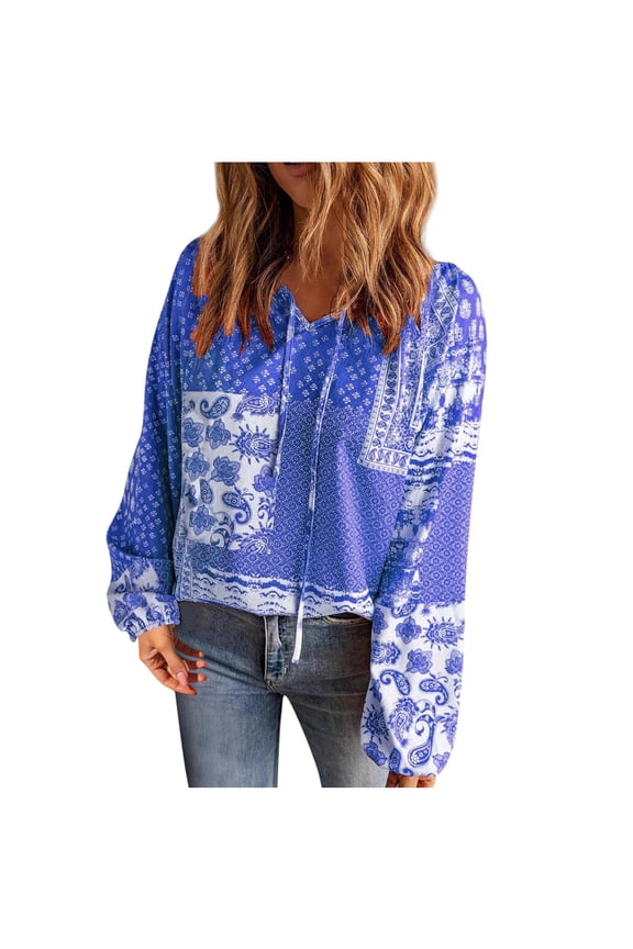 Women's Boho Tops Floral Print V Neck Long Sleeve Summer Blouse Shirts Tie Front Flowy Vacation Clothes