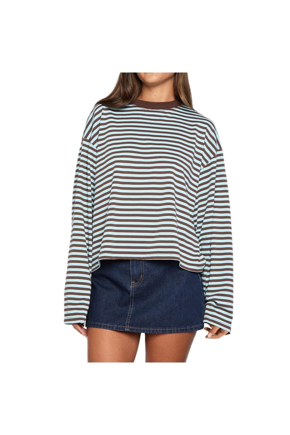 Women's Boho Tops For Women Color-Blocking Round Neck Loose Lazy Cotton Long-Sleeved Striped T-Shirt Comfortable Breathable Skin-Friendly Easy To Match 1Pc Long Sleeve Blouses & Tops Womens Tops