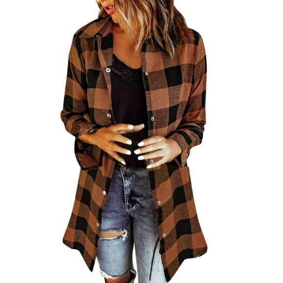 Women's Boho Tops For Women Flannel Fall Fashion Long Sleeve Plaid Button Down Shirt Shacket Blouse Top With Pockets Soft Lightweight Comfy 1Pc Jacket Blouses & Tops Womens Tops