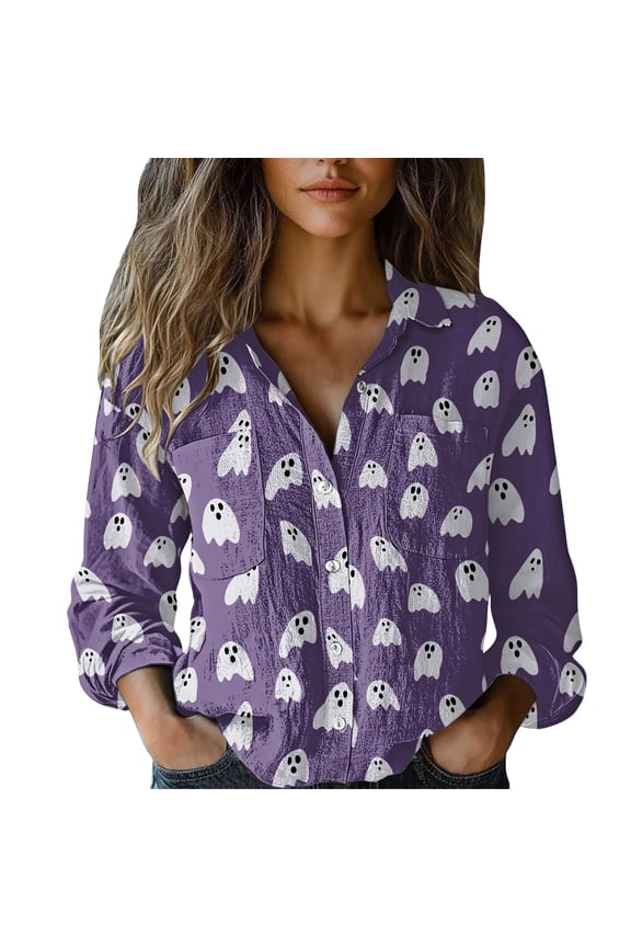 Women's Boho Tops For Women Pumpkin Season Shirt Long-Sleeved Casual Lined Button Shirt Lined Fabric For Comfort Durability Versatile For Daily Occasions Exquisite Hemp 1Pc Top Blouses Womens Tops