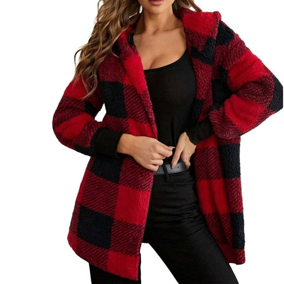 Women's Boho Tops For Women Winter Coat Warm Plush Hooded Jacket Button Up Cardigan Trendy Plaid Fuzzy Outerwear Soft Warm Material Fashionable Design 1Pc Jacket Blouses & Tops Womens Tops