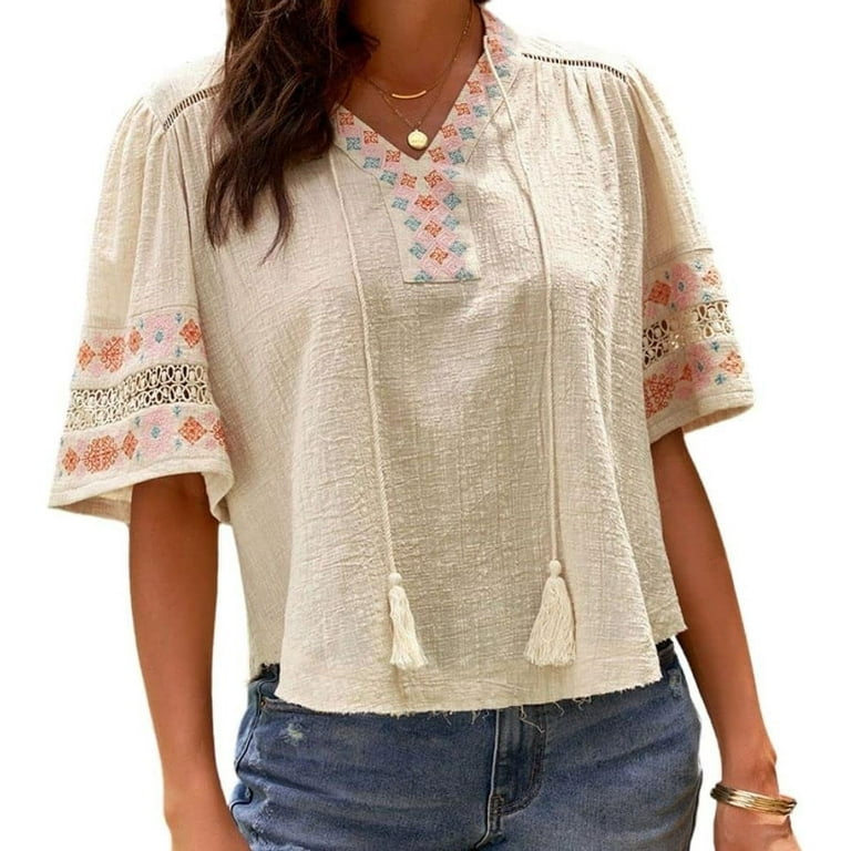 Women s Boho Tops for Women Vintage Ethnic Style Printed Tassel Tie Neck Short Sleeve Loose Fit Bohemian Tunic Top Walmart