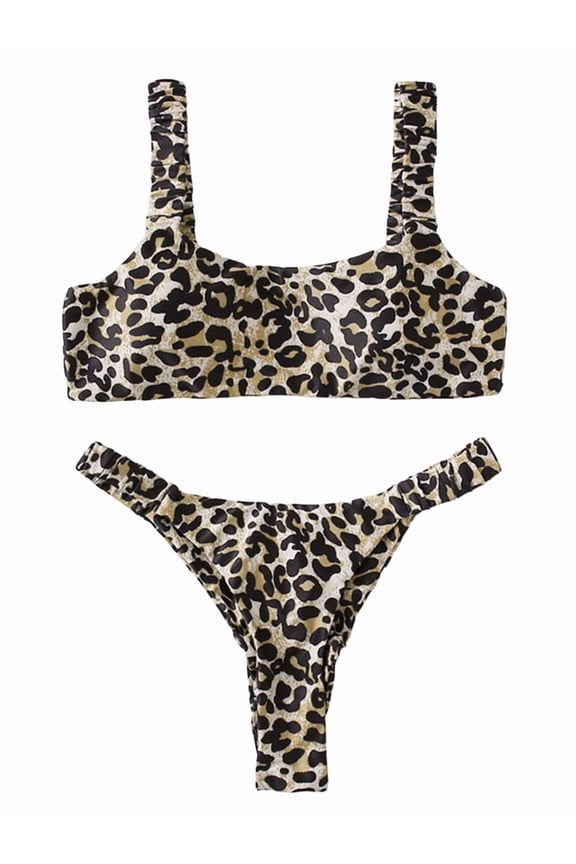 Women's Boho Triangle Thong Bikini Sets Cheetah Swimsuits Bathing Suit for Daily Wear Black M