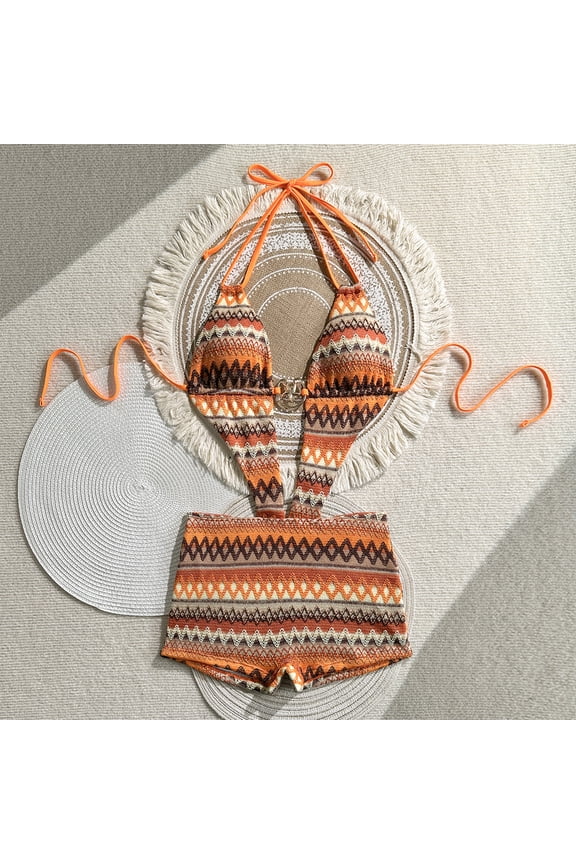 Women's Boho Tribal Print 2-Piece Bikini Set, Halter Triangle Swimsuit with Shorts