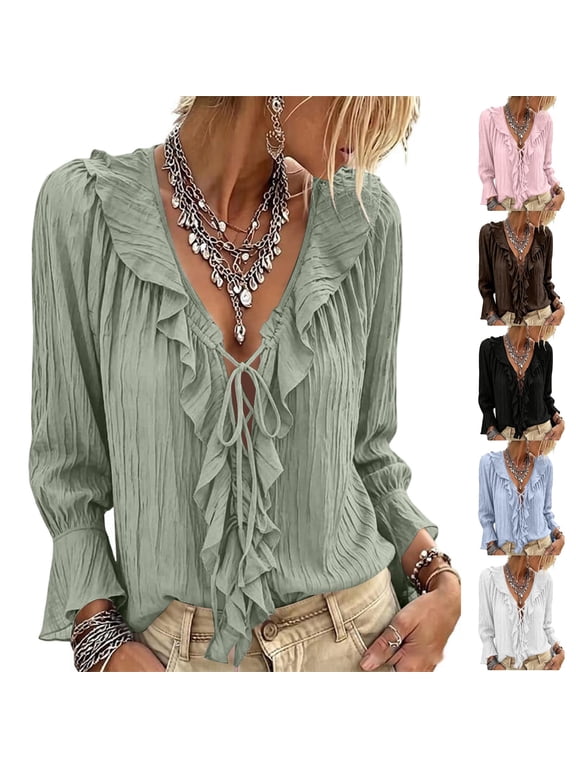 Women's Boho V Neck Tops Ruffle Trim Lace Up Flare Long Sleeve Blouses Solid Loose Flowy Tops Shirts White L