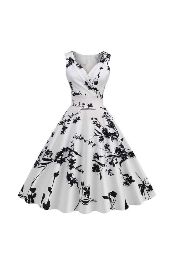 Women's Boho Vintage Audrey Dresses Floral Printed Casual Party Dress 50s 60s Rockabilly Swing Dress for Cocktail