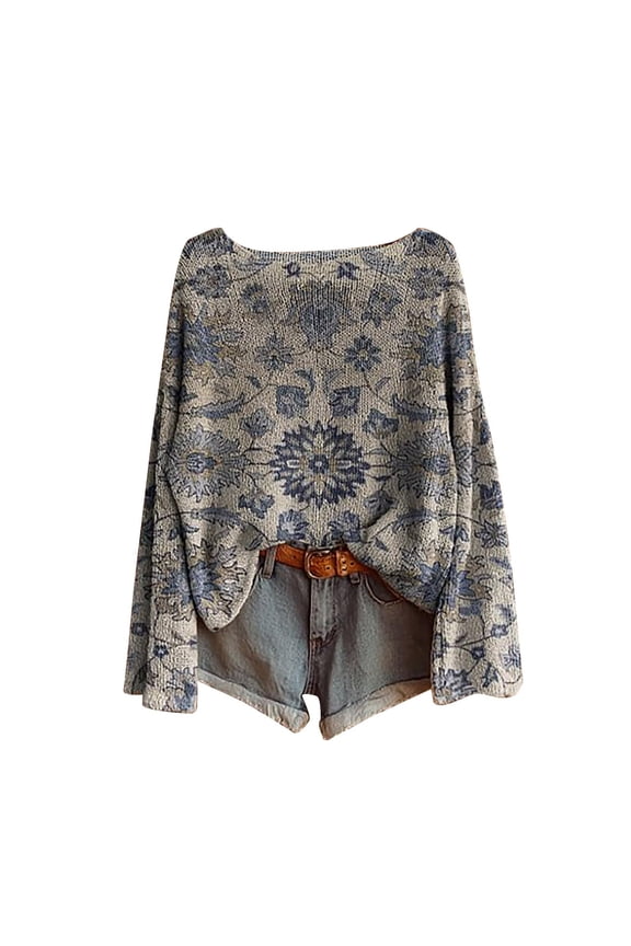 Women's Boho Vintage Knit Sweater Ethnic Graphic Print Long Sleeve Pullover Top Dark Gray XL