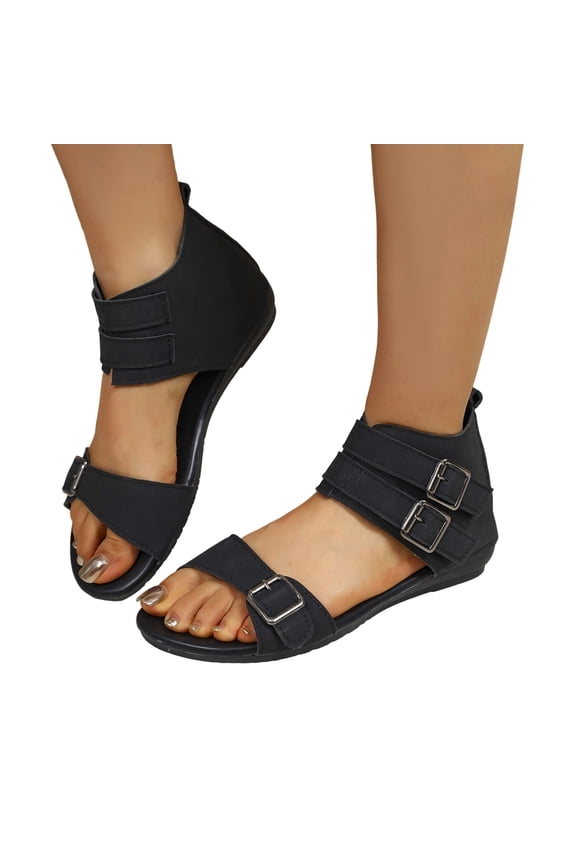 Women's Boho Wedge Sandals, Women's Suede Chunky Heel High-Top Sandals Elegant Square Open Toe Adjustable Buckle Invisible Height Increasing Block Heel Roman Sandals for Summer Beach Travel, Black 5