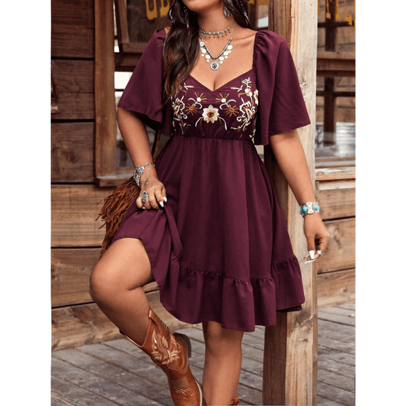 Women's Boho Western Floral Embroidered V Neck Flutter Sleeve Mini Dress