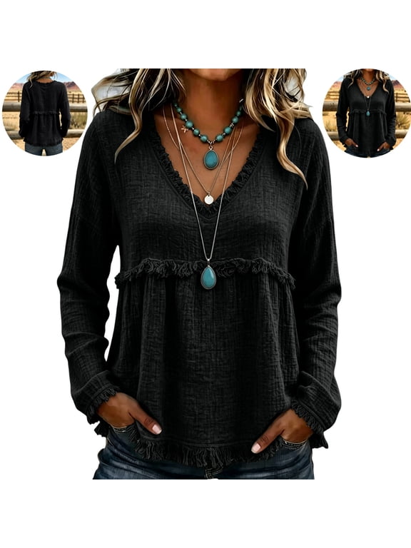 Women's Boho Western Fringe Tops Bohemian Gauze Cotton Linen Flowy Shirts Casual Loose Long Sleeve V Neck Trendy Frayed Hem Vintage Pullover