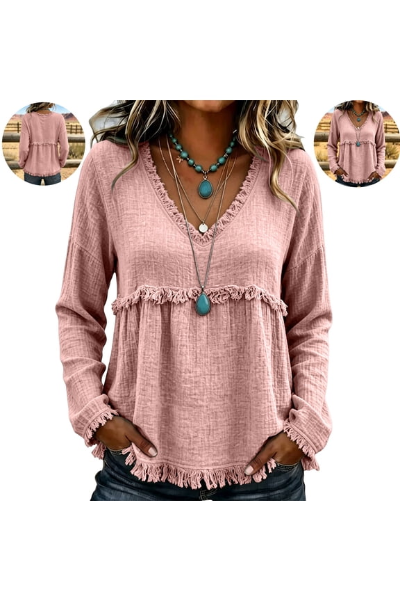 Women's Boho Western Fringe Tops Bohemian Gauze Cotton Linen Flowy Shirts Casual Loose Long Sleeve V Neck Trendy Frayed Hem Vintage Pullover