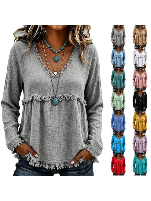 Women's Boho Western Fringe Tops Bohemian Gauze Cotton Linen Flowy Shirts
