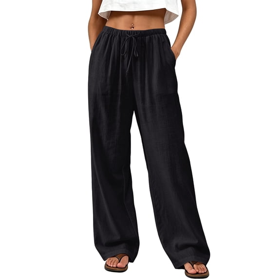 Women's Boho Wide Leg Linen Pants Drawstring Waist Casual Loose Vacation Trousers, M