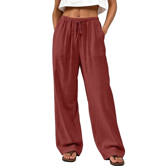 Women's Boho Wide Leg Linen Pants Drawstring Waist Casual Loose Vacation Trousers, M